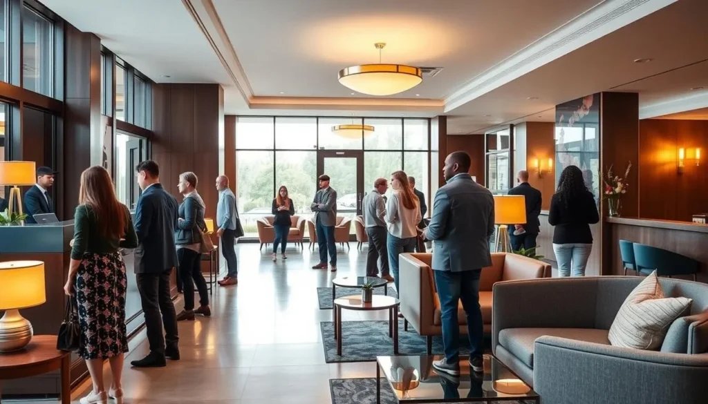 Elegant hotel lobby in Hannover with modern furnishings and guests checking in