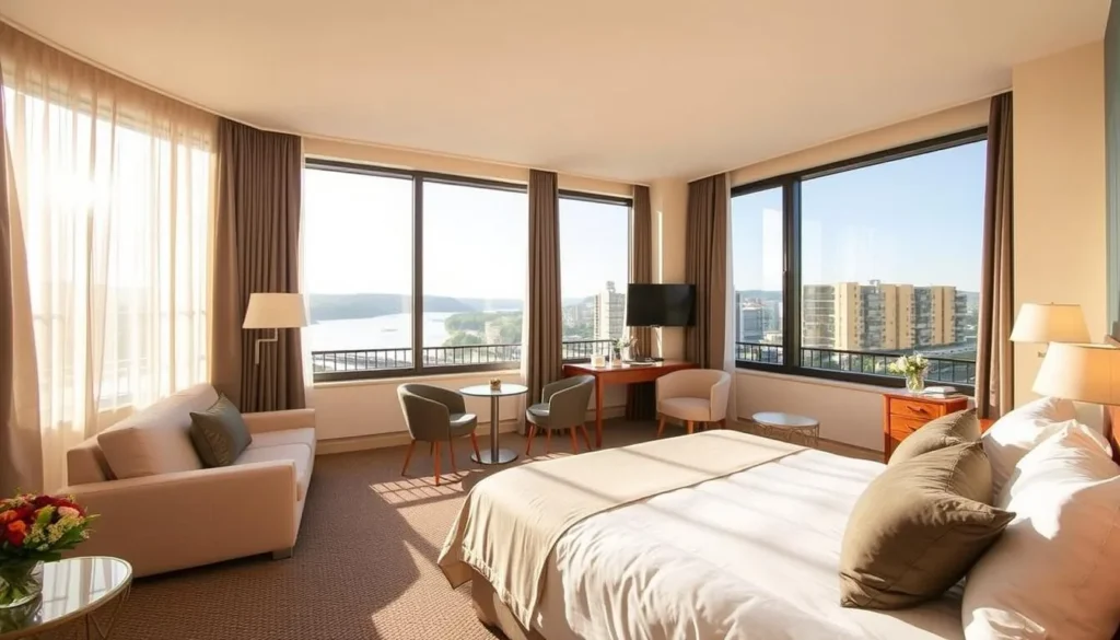 Elegant hotel room in Bonn with a view of the Rhine River