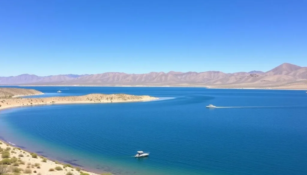 Elephant Butte Lake with boats and mountains in background Elephant Butte Lake with boats and mountains in background