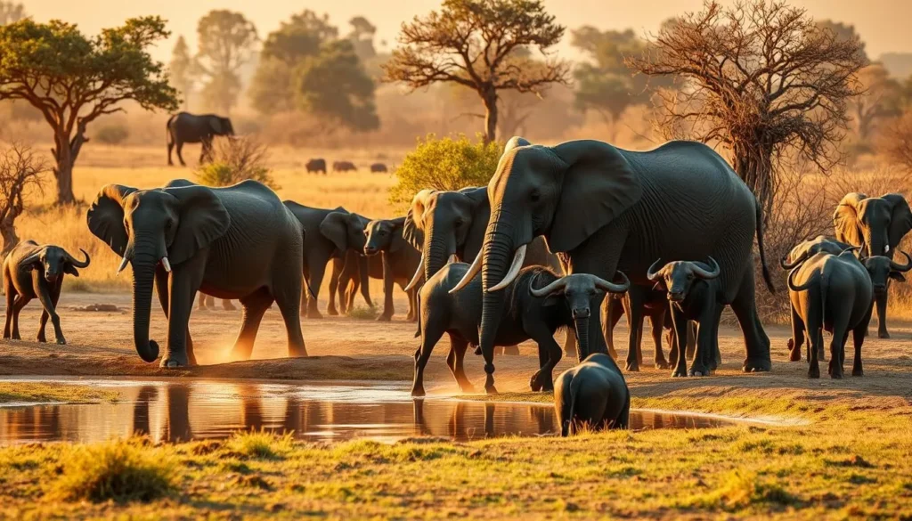Elephants and buffaloes at waterhole in Murchison Falls National Park Uganda Elephants and buffaloes at waterhole in Murchison Falls National Park Uganda