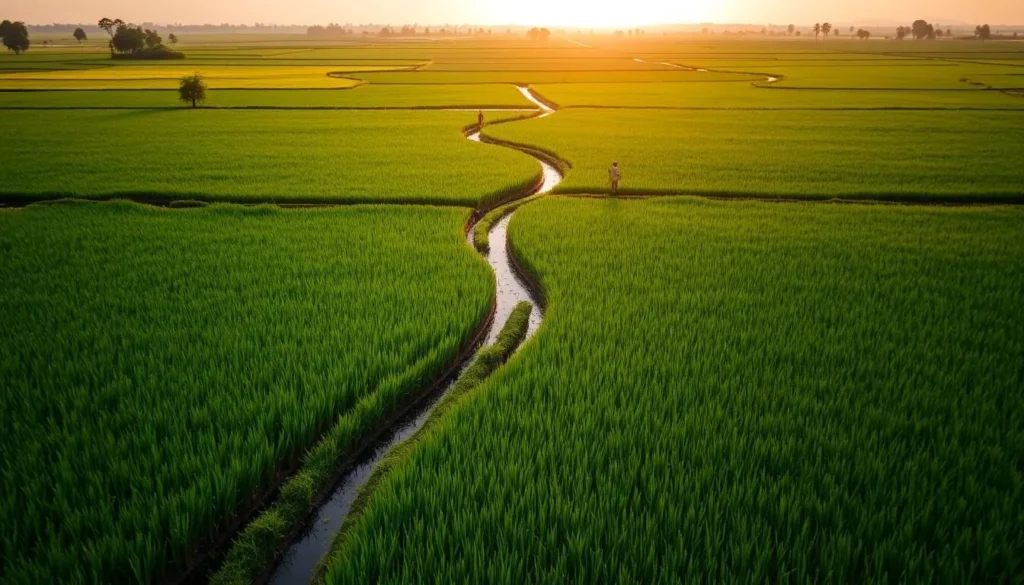 Emerald green rice paddies on Wakenaam Island with workers tending to the crops
