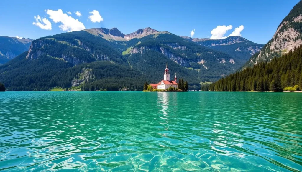 Emerald green waters of Königssee with St. Bartholomew's Church and surrounding mountains