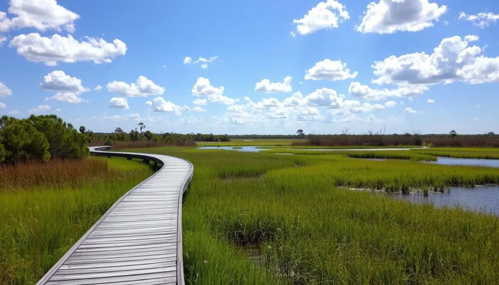 Entrance area of Cameron Prairie National Wildlife Refuge with natural landscape and boardwalk in the distance