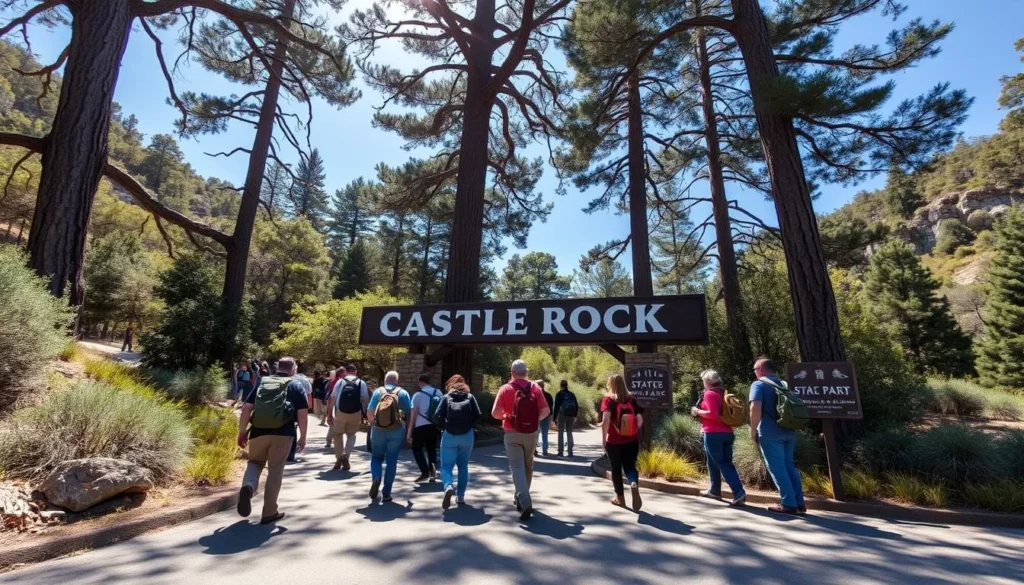 Entrance area of Castle Rock State Park California with visitors arriving on a sunny day