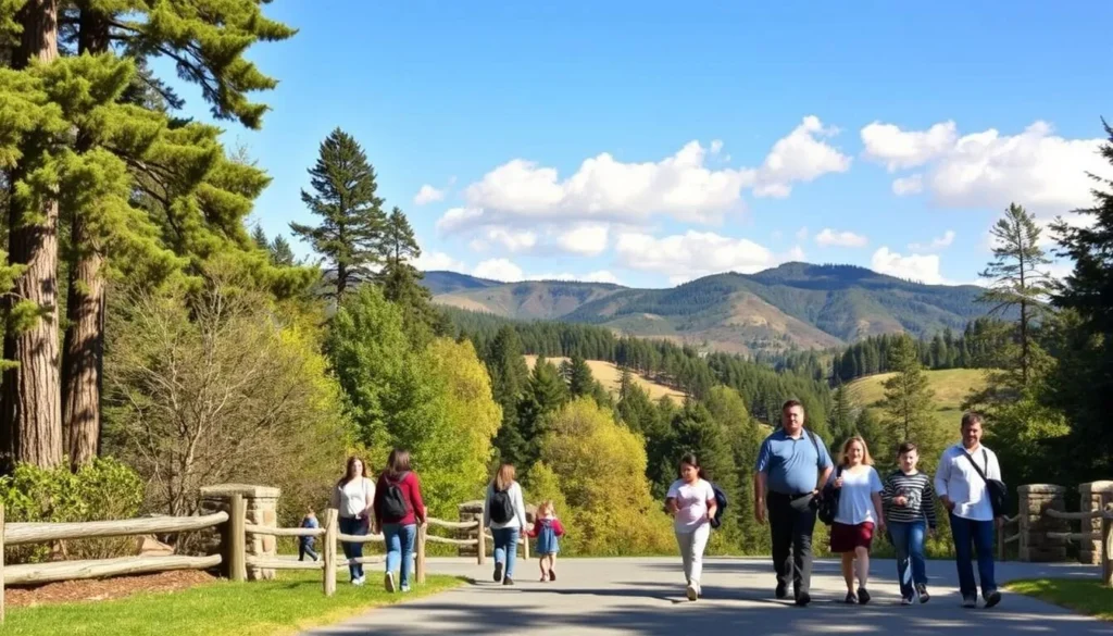 Entrance area of Samuel P. Taylor State Park showing the natural landscape with redwoods and mountains Entrance area of Samuel P. Taylor State Park showing the natural landscape with redwoods and mountains