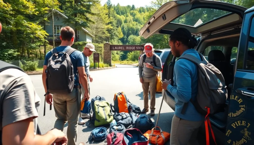 Entrance area to Laurel Ridge State Park with visitors arriving and preparing for hiking in Pennsylvania Entrance area to Laurel Ridge State Park with visitors arriving and preparing for hiking in Pennsylvania