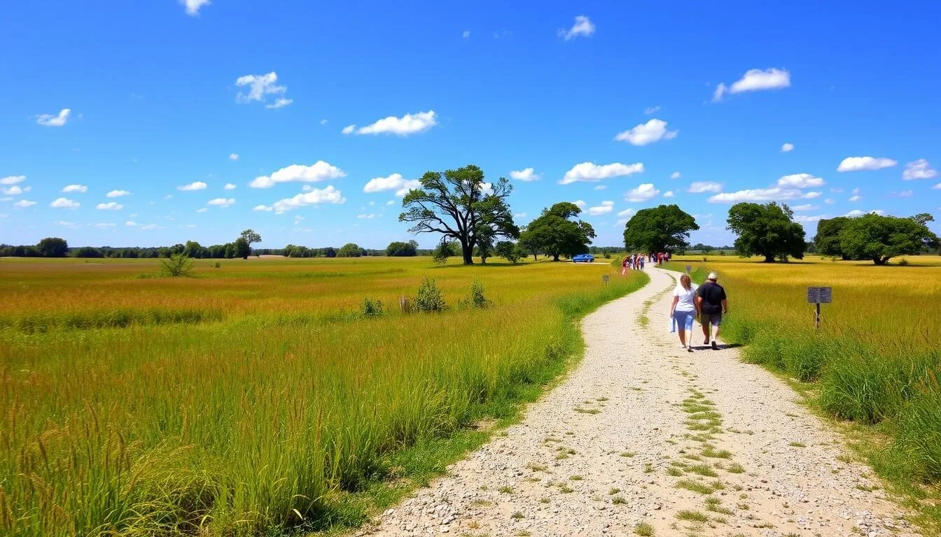 Entrance-path-to-Middlefork-Savanna-Nature-Preserve-with-tall-prairie-grasses-and-oak-trees-on- Entrance path to Middlefork Savanna Nature Preserve with tall prairie grasses and oak trees on a sunny day