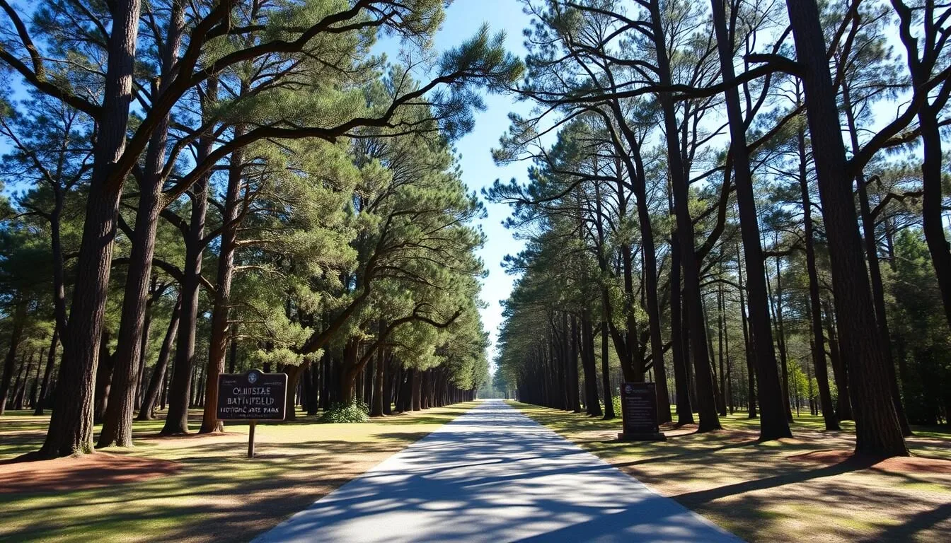Entrance path to Olustee Battlefield Historic State Park with pine trees lining both sides