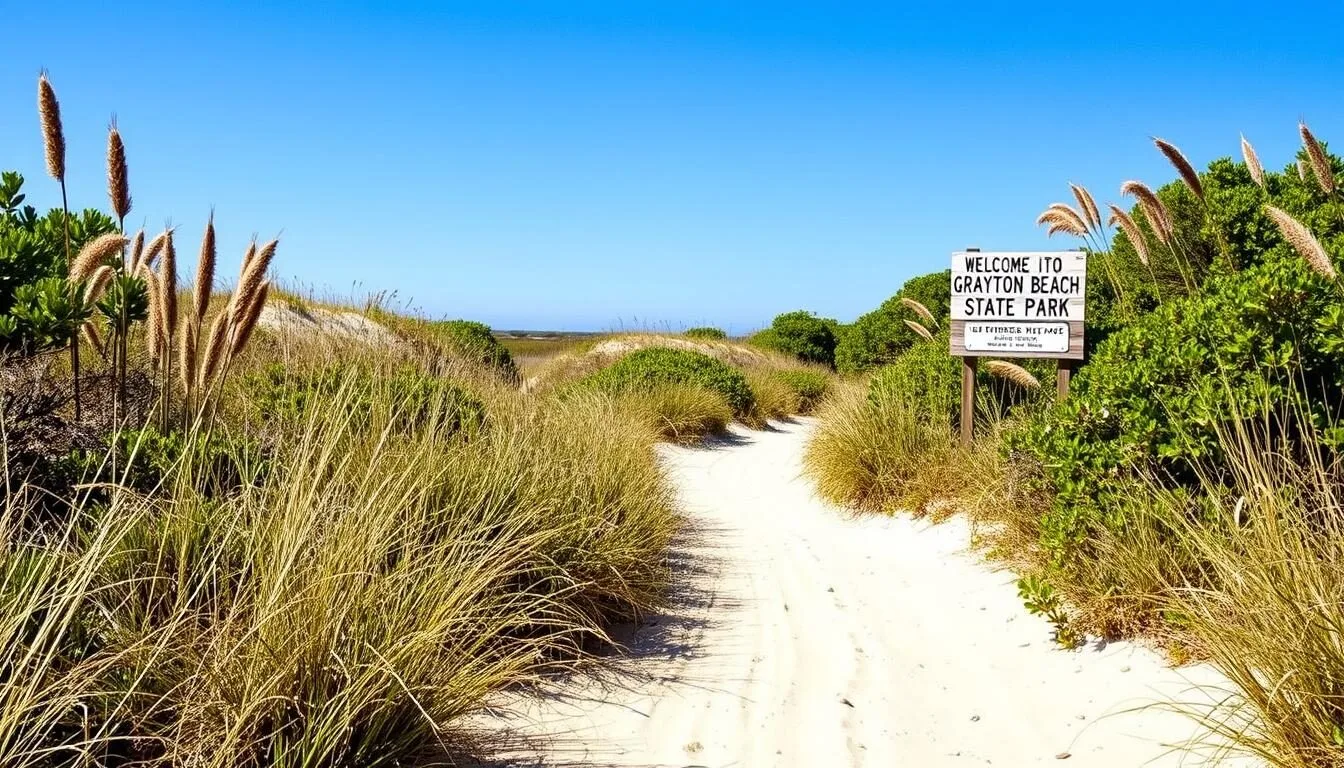 Entrance pathway to Grayton Beach State Park with natural vegetation and dunes on a sunny day