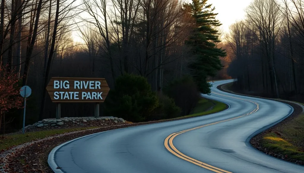 Entrance road to Big River State Park with directional signage and forested surroundings