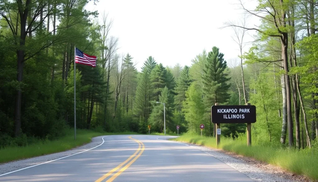 Entrance road to Kickapoo State Park with directional signs and forested surroundings