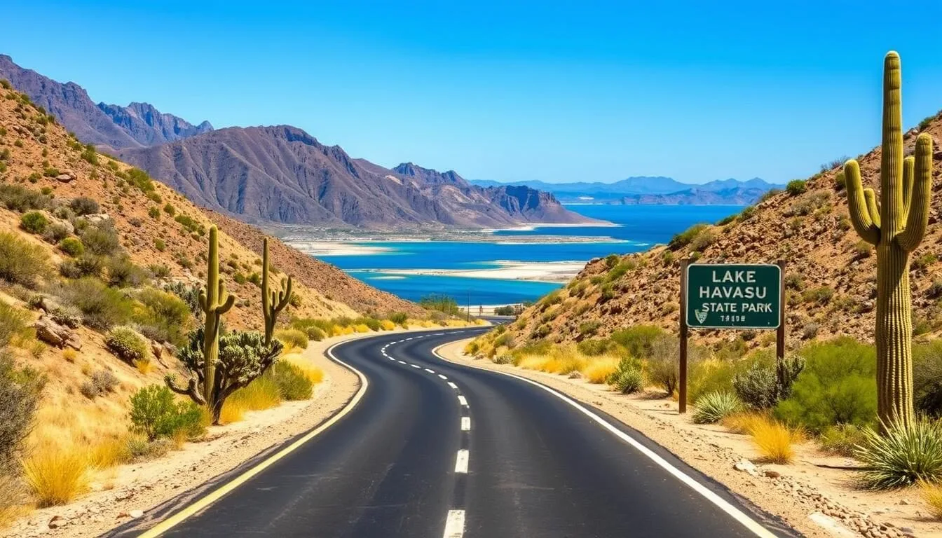Entrance-road-to-Lake-Havasu-State-Park-with-desert-landscape-and-mountains-in-background Entrance road to Lake Havasu State Park with desert landscape and mountains in background