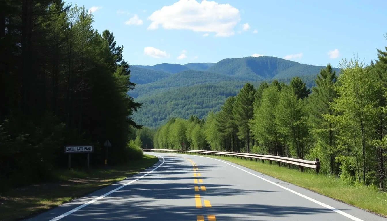 Entrance-road-to-Locust-Lake-State-Park-with-forest-views-and-mountains-in-background Entrance road to Locust Lake State Park with forest views and mountains in background