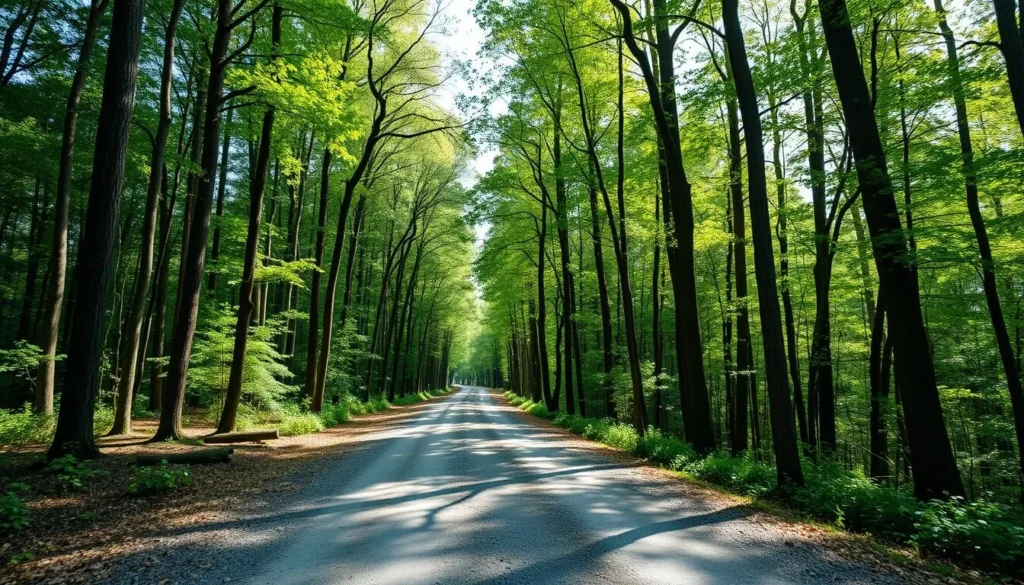 Entrance road to McCalls Dam State Park showing a scenic forest drive with tall trees on both sides Entrance road to McCalls Dam State Park showing a scenic forest drive with tall trees on both sides