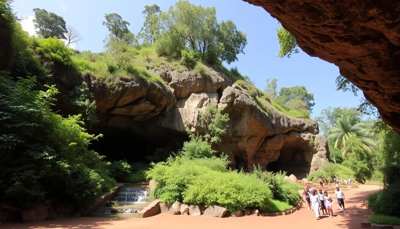 Entrance to Amabere Ga Nyina Mwiru Caves with lush green vegetation and waterfall