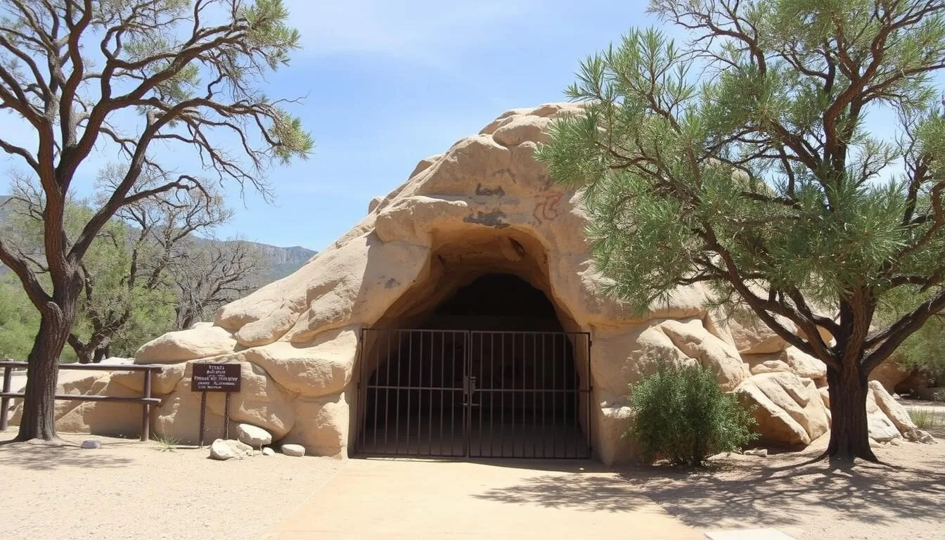 Entrance-to-Chumash-Painted-Cave-State-Historic-Park-showing-the-protective-iron-gate-and Entrance to Chumash Painted Cave State Historic Park showing the protective iron gate and colorful rock art visible inside the sandstone cave in the Santa Ynez Mountains