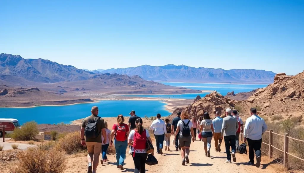 Entrance to Lake Mead National Recreation Area with desert landscape and mountains in the background Entrance to Lake Mead National Recreation Area with desert landscape and mountains in the background