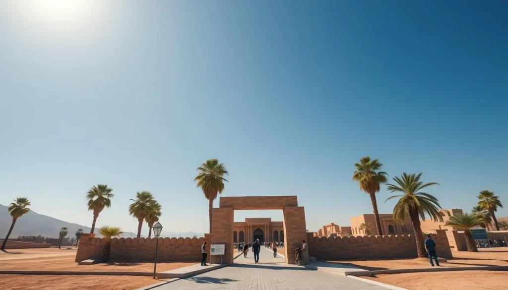 Entrance to the Dendera Temple Complex with ticket booth and information signs Entrance to the Dendera Temple Complex with ticket booth and information signs