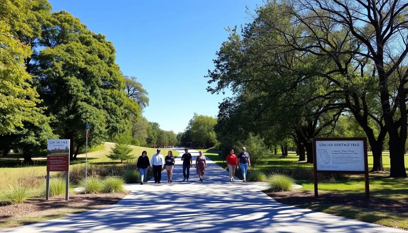 Entrance to the Lincoln Heritage Trail area in Illinois showing a scenic landscape with visitors walking on a path
