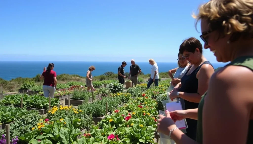 Esalen Farm & Garden with diverse visitors participating in a harvest activity
