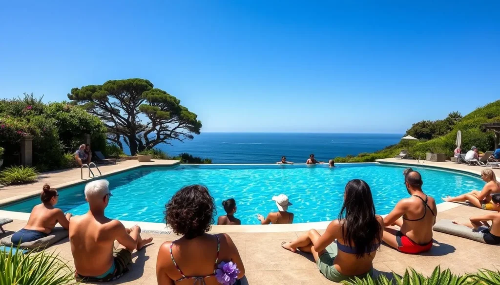 Esalen Hot Springs California things to do in summer with people enjoying the outdoor pool area with ocean views