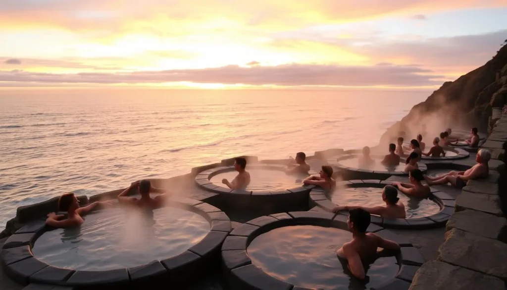 Esalen Hot Springs California things to do - the cliffside hot springs baths at sunset with people soaking