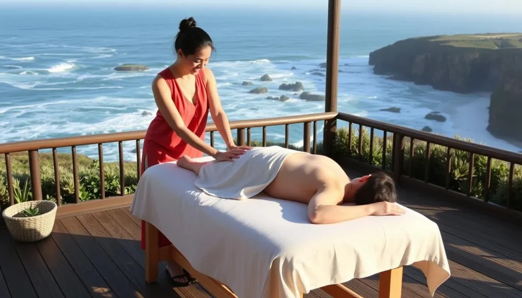 Esalen massage being performed on an outdoor deck overlooking the ocean
