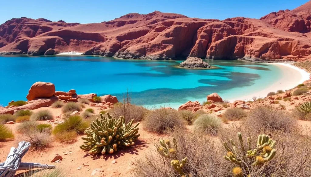 Espiritu Santo Island in La Paz Mexico with red rock formations and turquoise waters