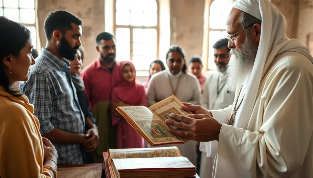 Ethiopian Orthodox priest in traditional robes showing ancient manuscripts to visitors at Daga Estefanos Monastery