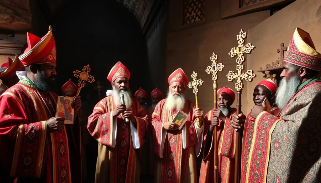 Ethiopian Orthodox priests performing traditional ceremonies at the Rock-Hewn Churches of Lalibela Ethiopia