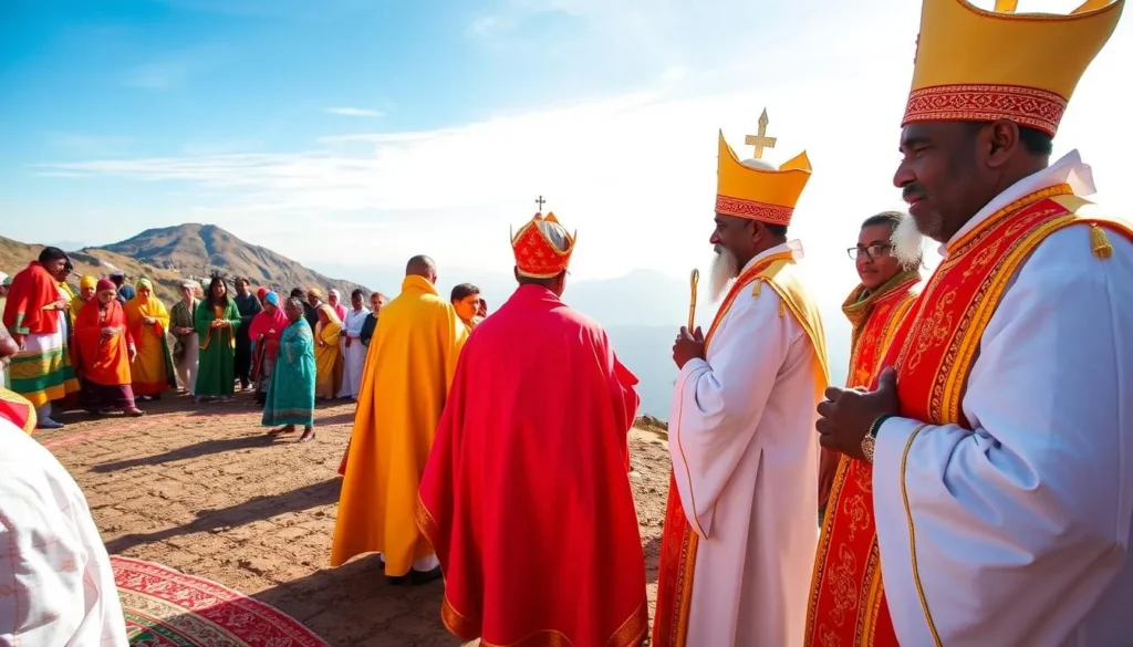 Ethiopian Orthodox religious ceremony at Mount Zuqualla with priests in traditional vestments