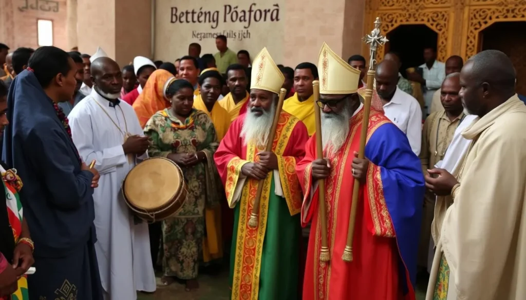 Ethiopian Orthodox religious ceremony at a monastery in Zegie Peninsula with priests in colorful robes and traditional instruments