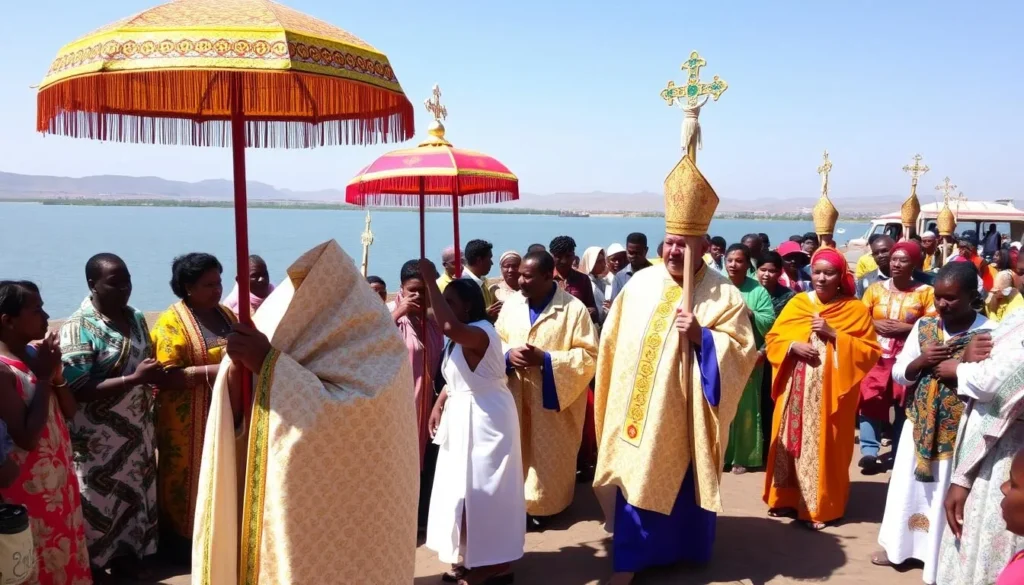 Ethiopian Orthodox religious ceremony with colorful processions and traditional dress