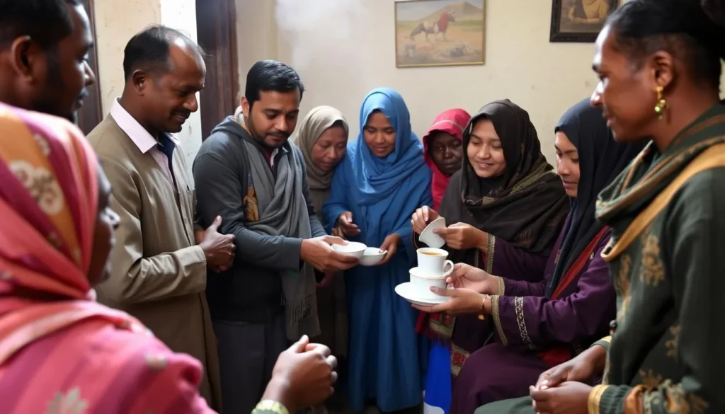 Ethiopian coffee ceremony with locals and tourists participating in the traditional ritual