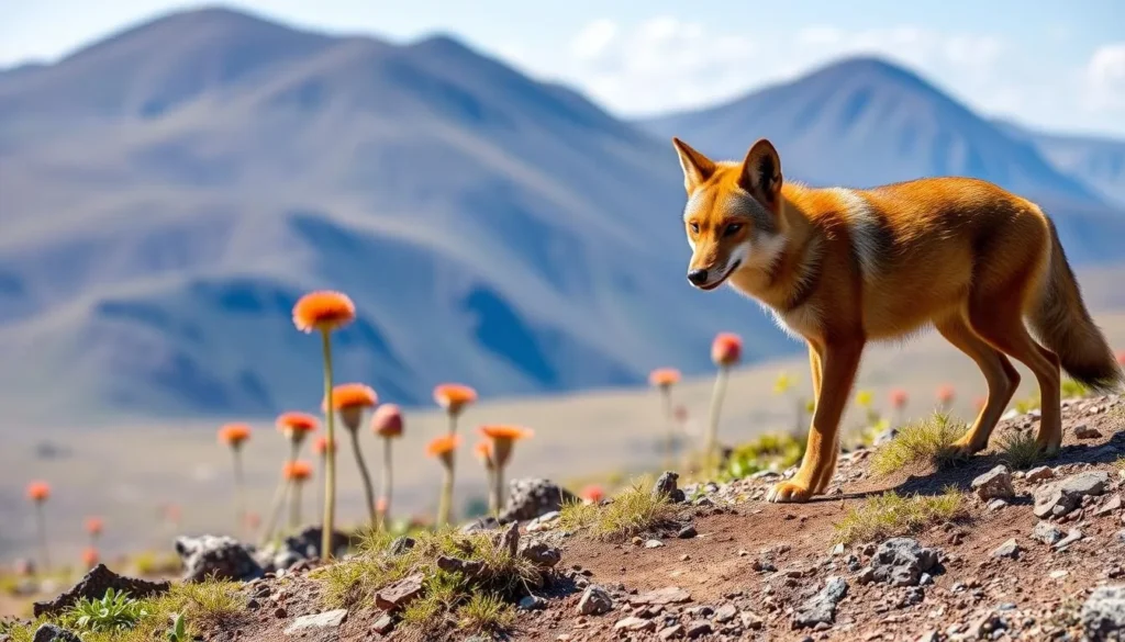 Ethiopian wolf hunting on the Sanetti Plateau in Bale Mountains National Park