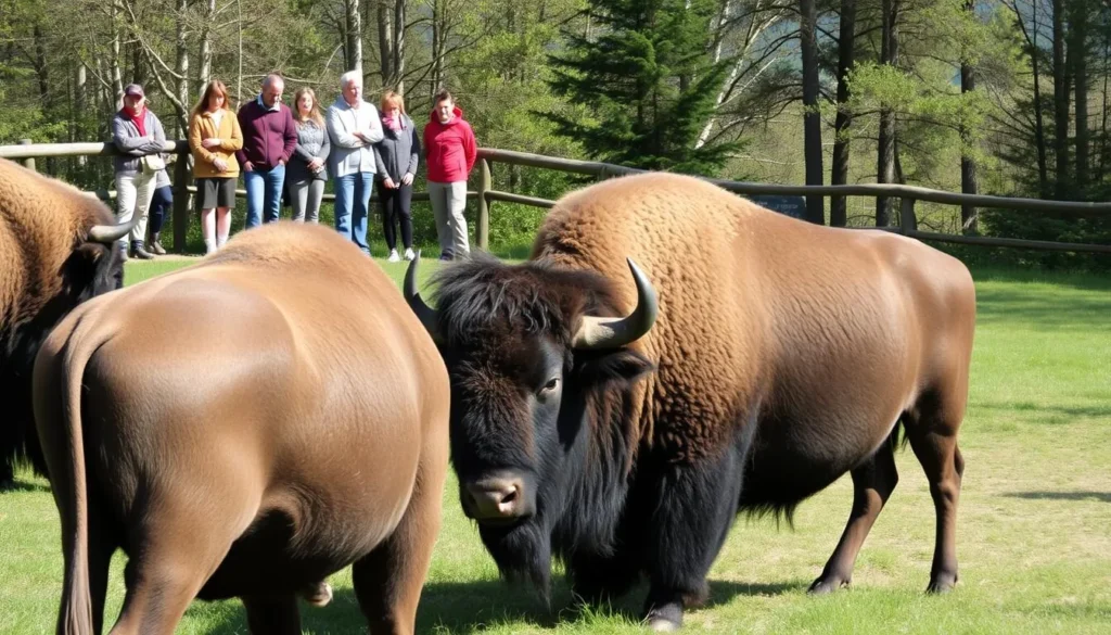European bison in an enclosure at Smolenskoye Poozerye National Park with visitors observing from a distance European bison in an enclosure at Smolenskoye Poozerye National Park with visitors observing from a distance