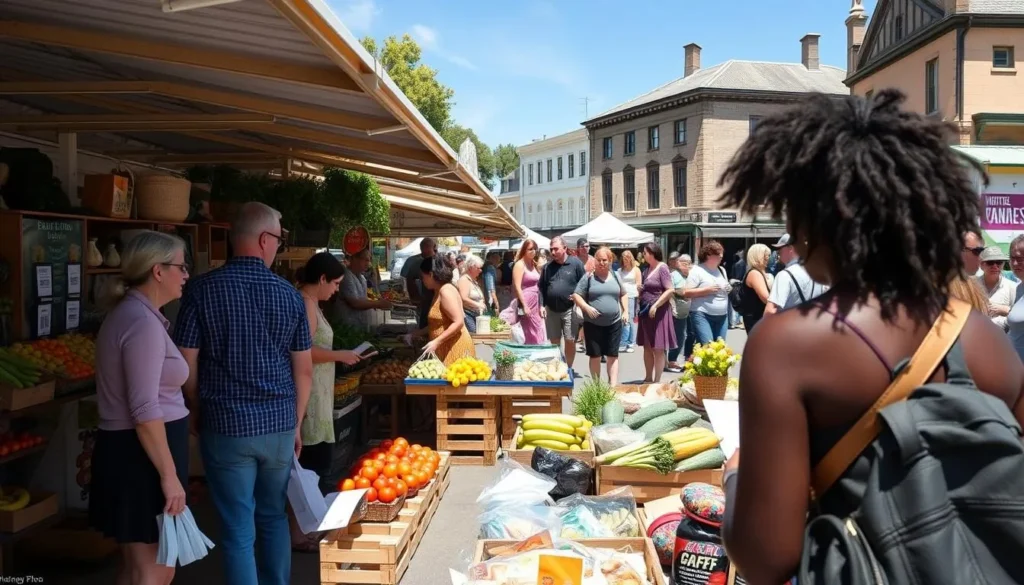 Evandale Sunday Market with local vendors and visitors browsing stalls