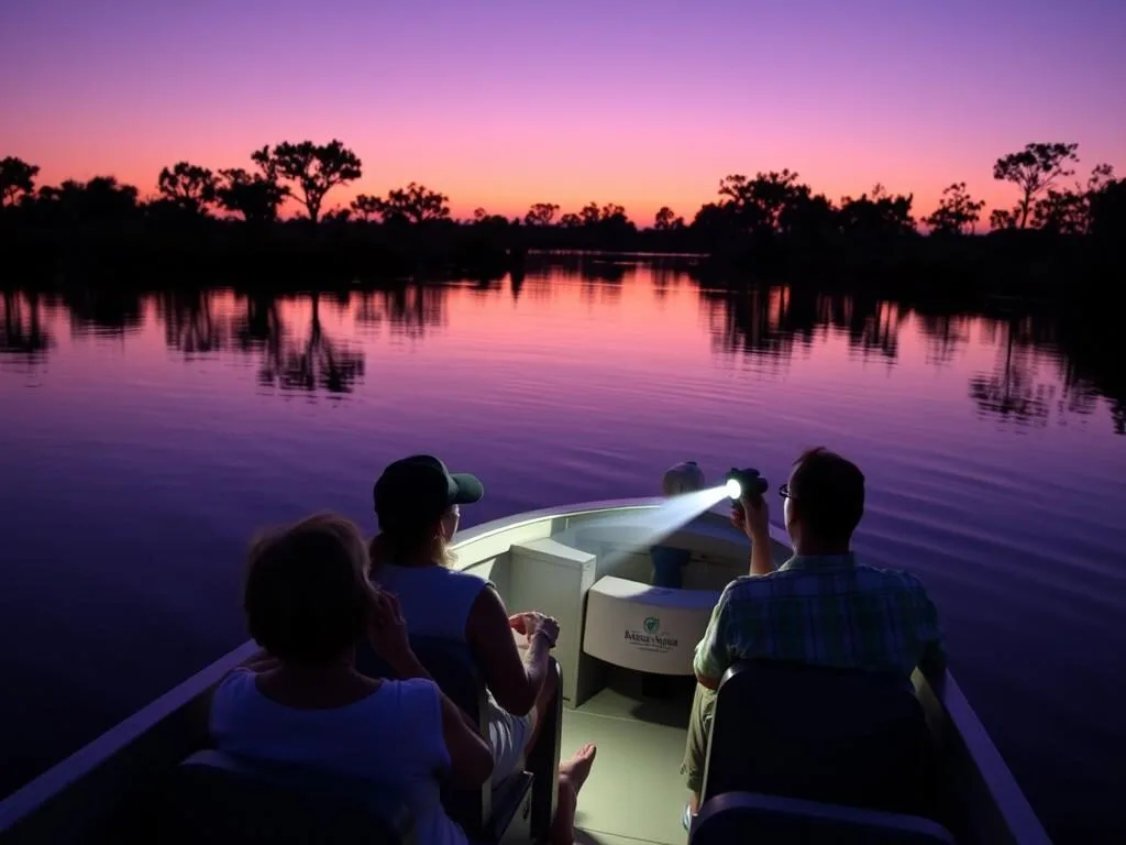 Evening boat tour on Bayou Bienvenue Triangle with guide using spotlight to locate wildlife