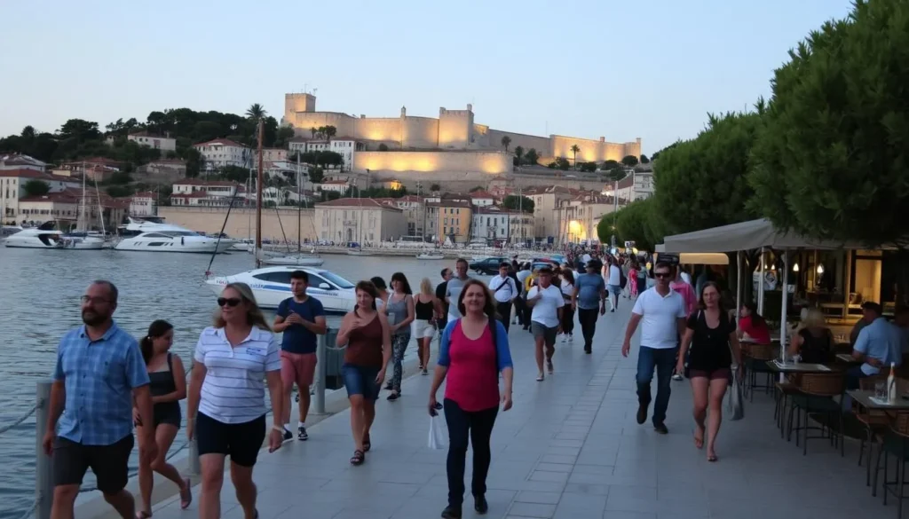 Evening promenade along Korcula's waterfront with locals and tourists