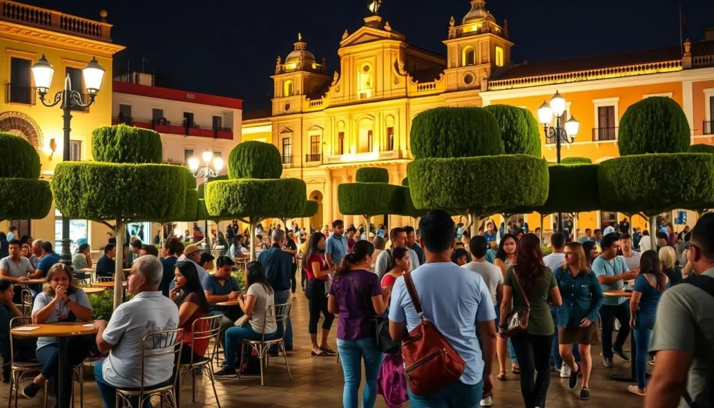 Evening scene in Jardín de la Unión in Guanajuato with locals and tourists enjoying the atmosphere