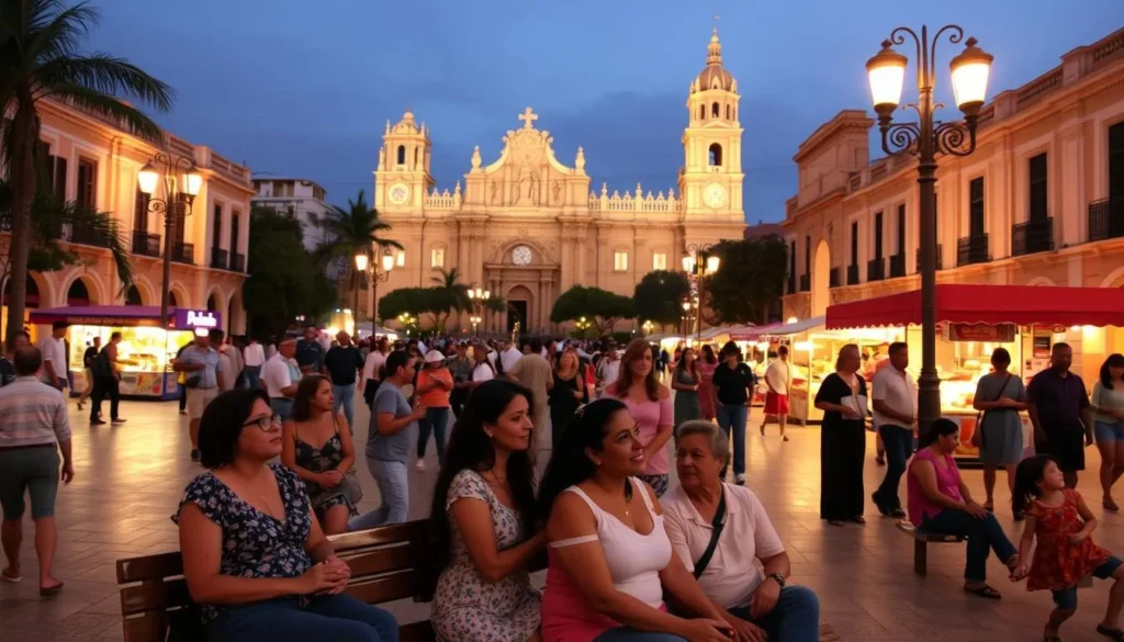 Evening scene in Plaza Grande Merida Mexico with locals and tourists enjoying the atmosphere