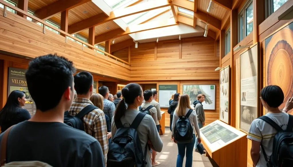 Exhibit displays at the Humboldt Redwoods Interpretive Visitor Center showing redwood ecology Exhibit displays at the Humboldt Redwoods Interpretive Visitor Center showing redwood ecology