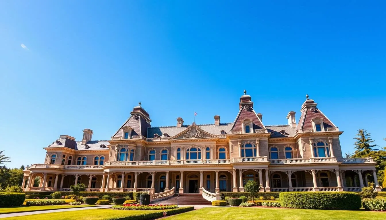Exterior-view-of-the-Leland-Stanford-Mansion-State-Historic-Park-showing-its-grand-Victorian Exterior view of the Leland Stanford Mansion State Historic Park showing its grand Victorian architecture on a sunny day