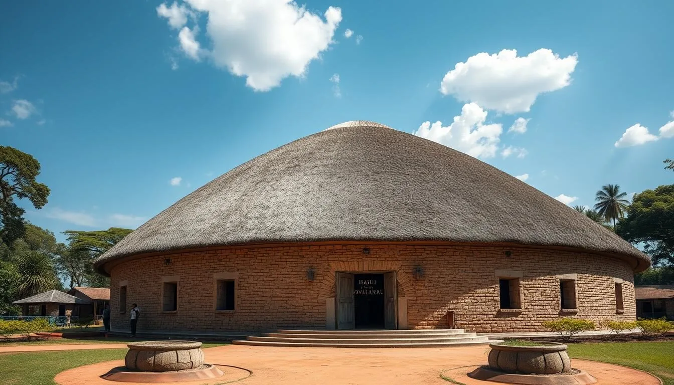 Exterior view of the main Kasubi Royal Tombs building with its distinctive thatched dome roof on a clear day
