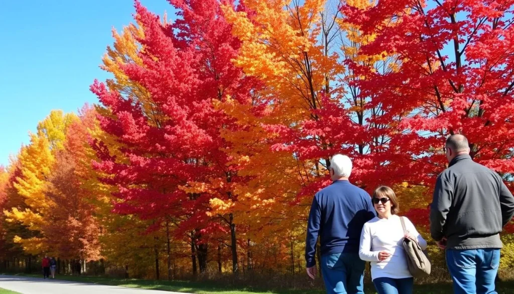Fall colors along the Lincoln Heritage Trail in Illinois with visitors enjoying the scenery