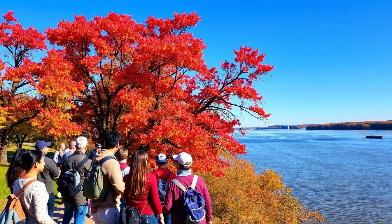 Fall-colors-along-the-Mississippi-River-near-Cairo-Illinois-with-tourists-enjoying-the-view Fall colors along the Mississippi River near Cairo, Illinois with tourists enjoying the view