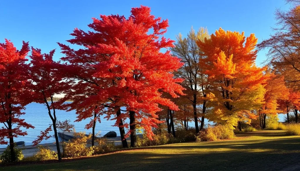 Fall colors along the Mississippi River with trees showing vibrant autumn foliage