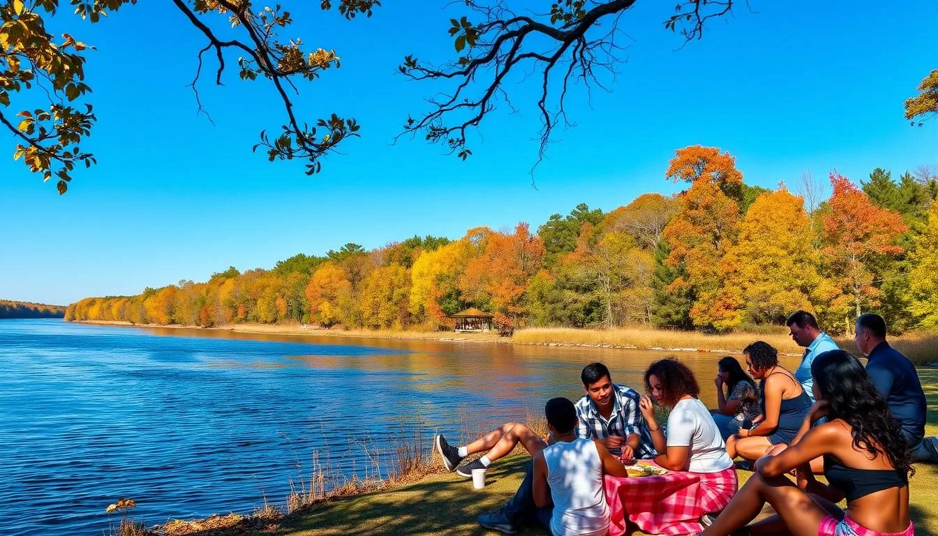Fall colors along the Suwannee River with people enjoying a picnic on the riverbank
