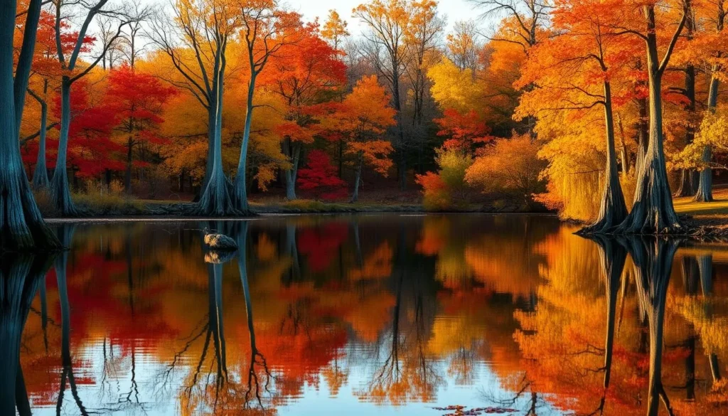 Fall colors at Cache River State Park with vibrant autumn foliage reflecting in the water Fall colors at Cache River State Park with vibrant autumn foliage reflecting in the water