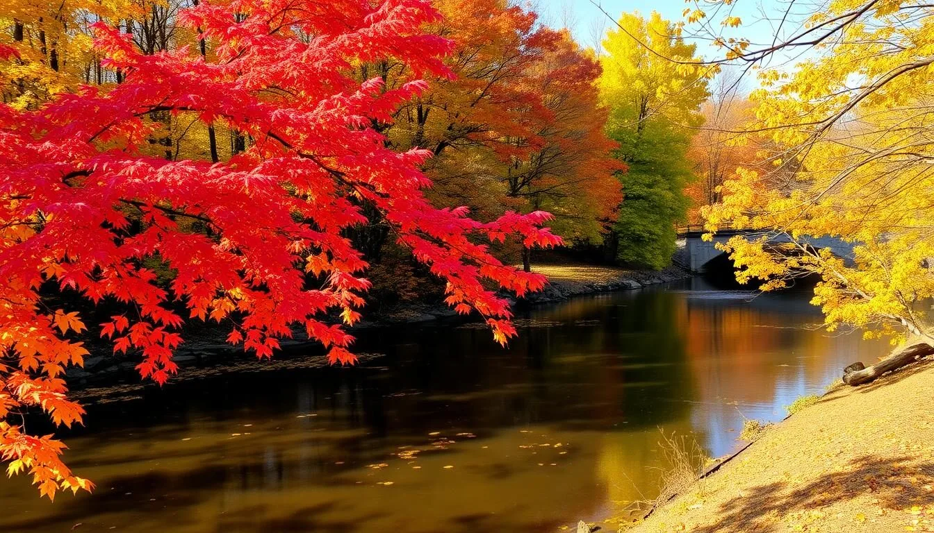 Fall-colors-at-Kaskaskia-River-State-Park-with-vibrant-red-and-orange-foliage-reflecting-in-the Fall colors at Kaskaskia River State Park with vibrant red and orange foliage reflecting in the calm river waters